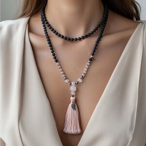 Black Rose Quartz Beaded Mala Necklace with Pink Tassel Pendant